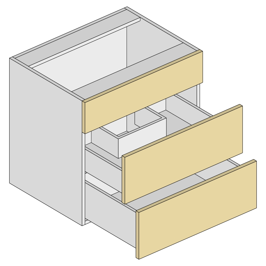 1 dummy drawer - 1 notched drawer - 1 deep drawer